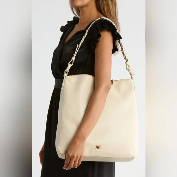 NWT Sam Edelman Bay Large Chainlink Hobo Pebble Leather Bag: Cream/Gold - Picture 2 of 15
